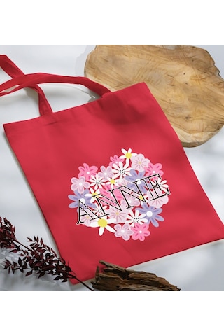 Bk Gift Anneler Günü Tasarımlı Kırmızı Kumaş Bez Çanta, Baskılı Omuz Çantası, Alışveriş Çantası, Anneler Günü Hediyesi, Anneye Hediye-3 Kırmızı