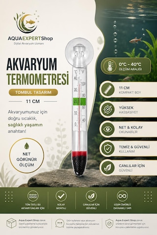 Akvaryum Tombul Termometre - Cam Termometre - Hassas Ölçüm - 0/40 Derece Arası Ölçüm - Net Görünüm - Güçlü Vantuz