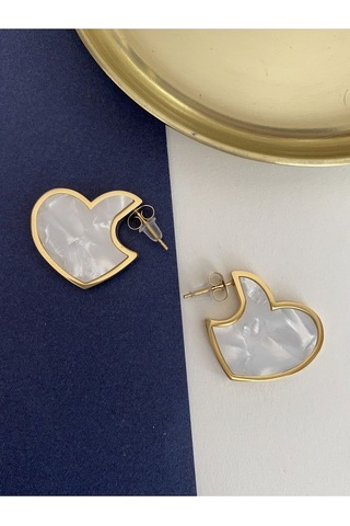 Mineli Kalp Çelik Kararmaz Küpe Çifti Altın