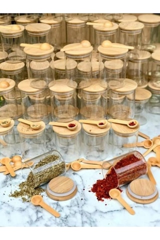 Bambu Kapaklı Cam Baharatlık Ve Kaşık Seti 6 Adet Ahşap Kaşıklı Şeffaf