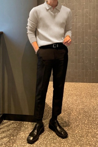 Cool Tarz Erkek Polo Yaka Triko Kazak Slim Fit Fitilli Bej