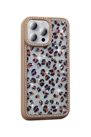 Apple Uyumlu iPhone 15 Pro Max Kılıf Taşlı Ve Simli Tasarım Mkst Azra Kapak - Gold Altın
