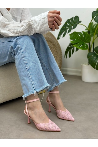 Ervanın Butiği Şeker Pembe Dantel Vusuel Nakışlı Arka Bant Detaylı Kadın Stiletto-6250