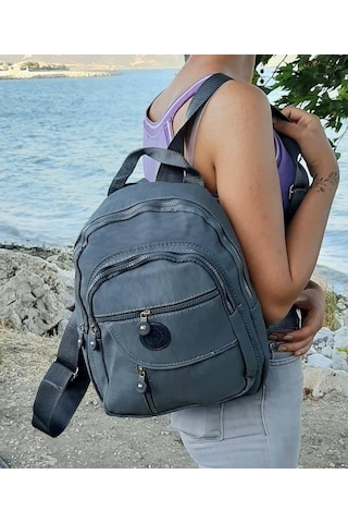 Fiyra S1 Gri Renk Krinkıl Kumaş Dört Bölmeli Bayan Sırt Çantası-Gri-Std