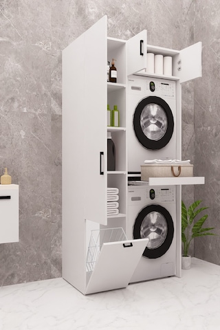Mdf Çamaşır Makinesi Ve Kurutma Makinesi Dolabı Sepetli Beyaz