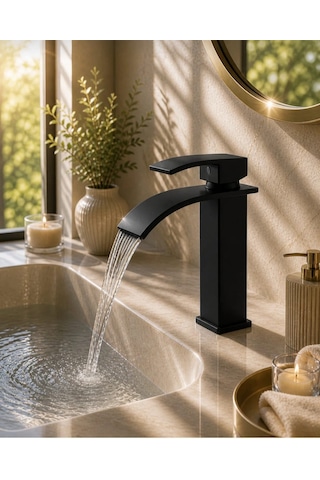 Eshome Mat Siyah Lavabo Bataryası Şelale Akışlı Modern Banyo Musluğu Tek Kollu Sabit Lavabo Çift Su Girişli