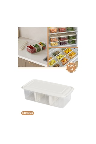 Flora 3 Bölmeli Kapaklı Organizer 6 Litre, Büyük Boy Sebze Meyve Düzenleyici Buzdolabı Saklama Kabı Beyaz