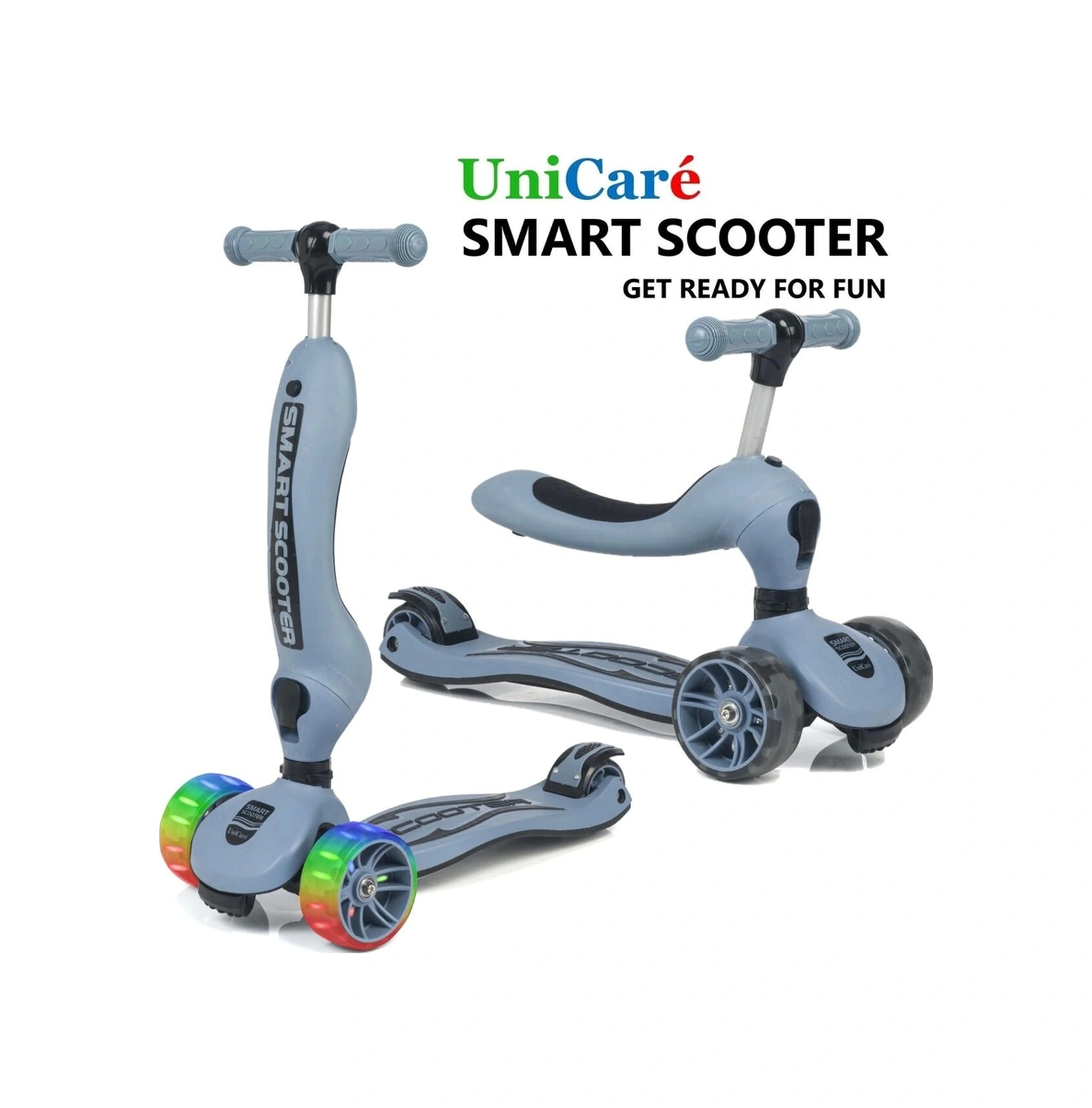 Smart Oturaklı Çocuk Scooter 3 Tekerlekli Led Işıklı Scooter Yükseklik Ayarlı - Mavi Askeri Mavi