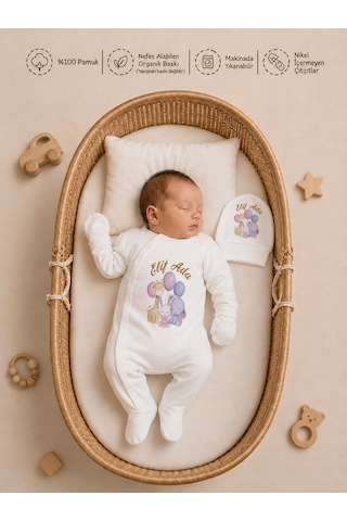Pia Baby Kız Bebek Hastane Çıkışı İsimli Tulum Takımı Yastık Kılıfı Şapka Eldiven Kıyafet Kesesi Bebek Hediyesi 2054ytk3x Krem