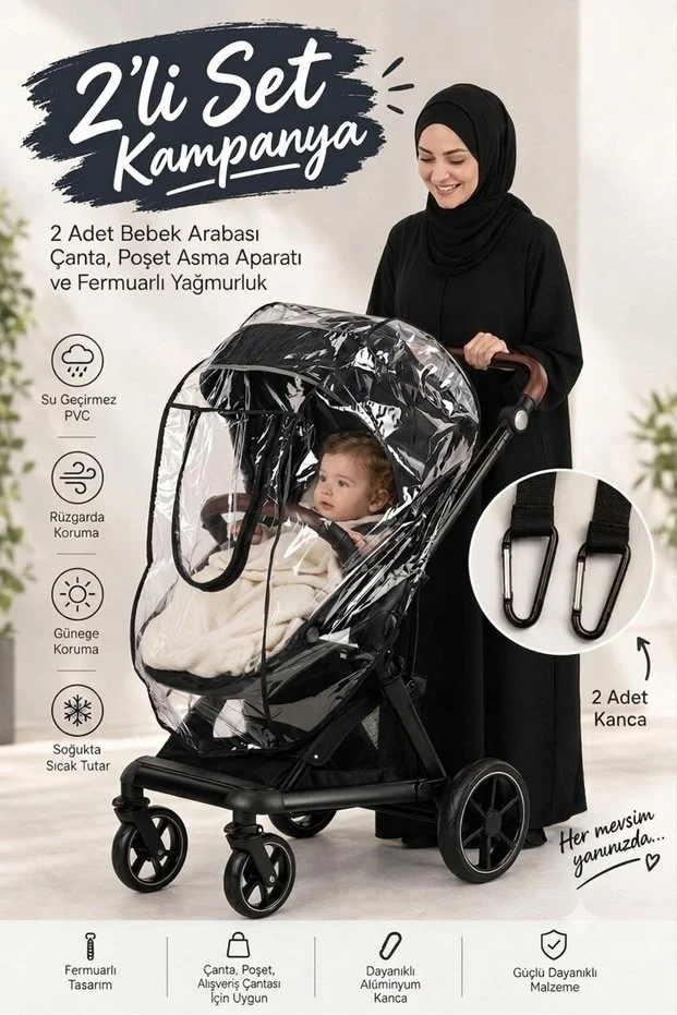 Lüks Fermuarlı Bebek Arabası Yağmurluğu + 2 Adet Bebek Arabası Kancası 2 Li Set Beyaz