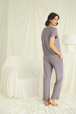 3dsepetim Kısa Kollu V Yakalı Dantelli Pijama Takımı Grı
