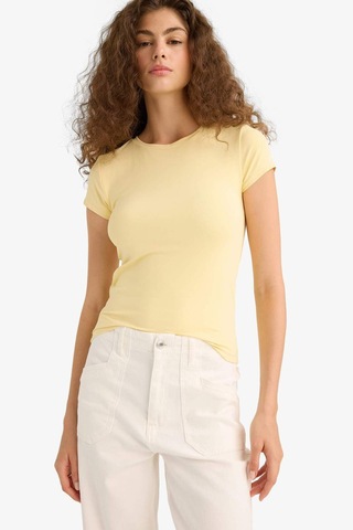 Defacto Slim Fit Dar Kesim Bisiklet Yaka Basic Düz Kısa Kollu Tişört F7768ax25auyl252 Sari