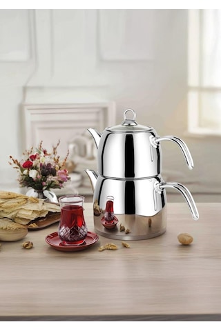 Regno Çaydanlık Seti - 304 Paslanmaz Çelik Çaydanlık Takımı - 4.5+2.5 L Gümüş