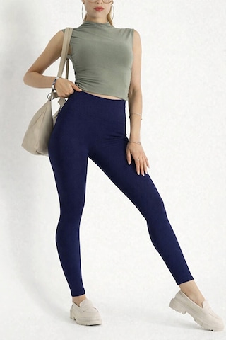 Pantofashion Fitilli Yüksek Bel Kadın Tayt Toparlayıcı Esnek Ribana Kumaş Günlük & Spor Kombin Lacivert