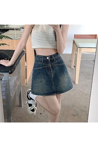 Spice Girls A-kesim Denim Etek Kadın Yaz Yırtmaçlı Cepli Yüksek Bel Kalça Saran Yarım Boy Vintage Etek Mavi