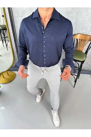 Modefendi Tensel Kumaş Pamuk Dokulu Kayık Yaka Extra Regular Fit Çok Düğme Detaylı Gömlek Lacivert