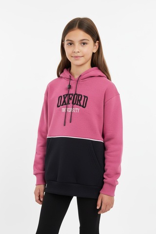 Kapşonlu Oxford Baskılı Kanguru Cepli Kız Çocuk Sweatshirt-90865 Pembe