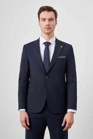 Morven Erkek Lacivert Yünlü Platinium Düz Desen Slim Fit Sivri Yaka Takım Elbise Lacivert