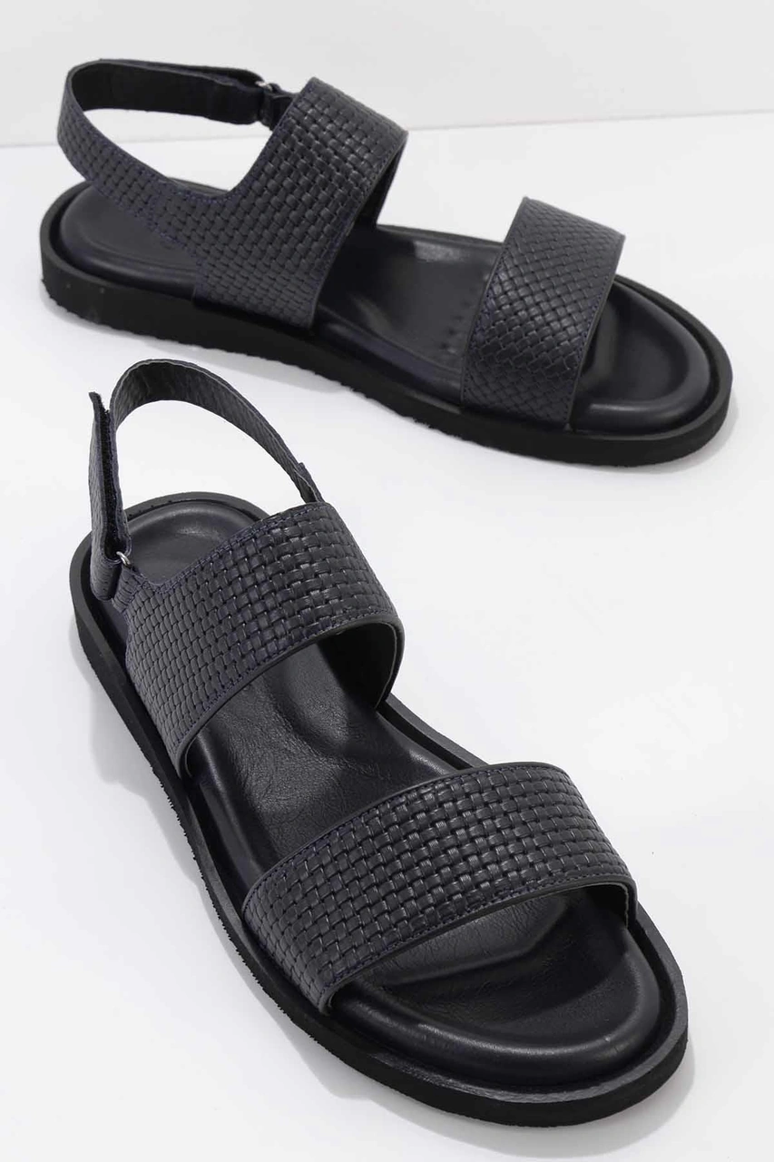 Lacivert Baskılı Hakiki Deri Erkek Sandalet E05801041703 Lacivert