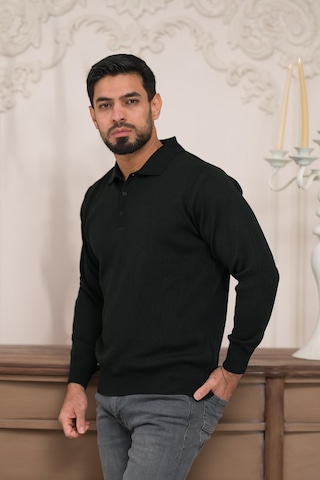 Woolen World Polo Yaka Düz Renk Yünlü Erkek Triko Kazak Siyah