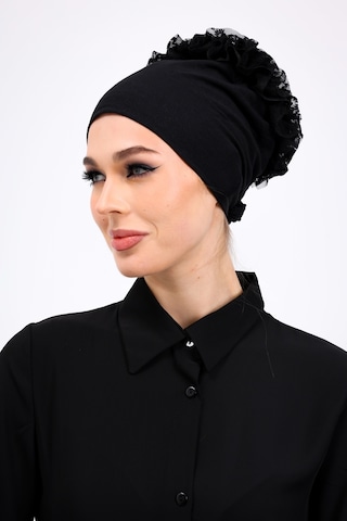 Loggia 6lı Siyah Tesettür Seti - Topuz Tokası, Eşarp Bandı, Klips, İç Başörtüsü, Düz Bone, Fırfırlı Bone Siyah