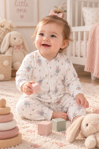 Luppinos Soft Dream Geniş Kalıp %100 Pamuk Tavşan Baskılı Çıtçıtlı Tulum Beyaz