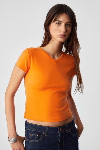 Ethıquet Masroutı Kadın Slim Kısa V Yaka Kısa Kol Turuncu T-shirt