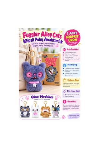 Fuggler Alley Cats Klipsli Peluş Anahtarlık Sürpriz Paket - 1 Adet Çok Renkli