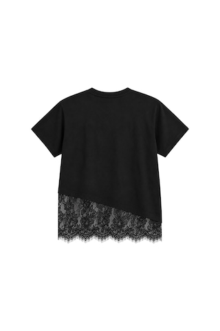 Vadon 1005 Kadın Pamuklu Regular Fit Bisiklet Yaka Asimetrik Kesim Dantel Detaylı Yumuşak Dokulu T-shirt Siyah