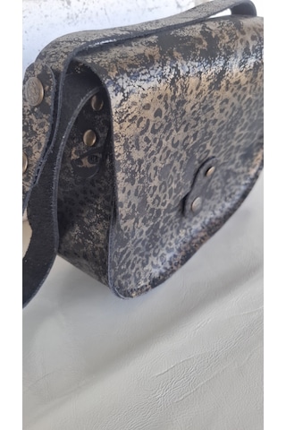 Medorya Design Dore Işıltılı Siyah Leopar Hakiki Deri Mini Çanta Altın - Siyah
