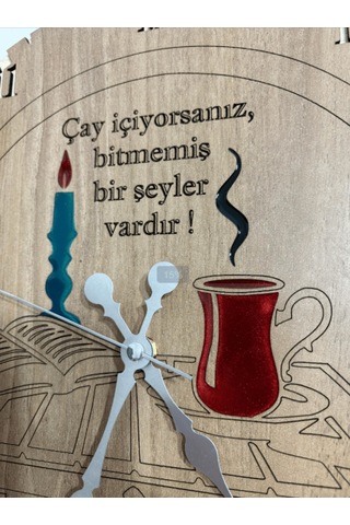 Ahşap Desen Duvar Saati - Çay İçiyorsanız - Epoksi Reçine Kaplamalı - 40 Cm Ahşap