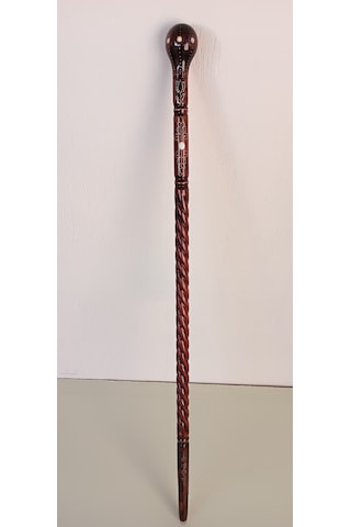 Ahşap Baston Kt-02 Topuz Başlı Gürgen Oyma, Pirinç Tel İşlemeli Baston