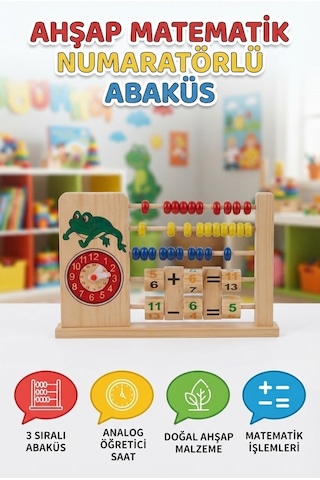 Ahşap Matematik Numaratörlü Abaküsü Renkli Sayı Boncuklu İşlemli Eğitici Oyuncak Seti 1