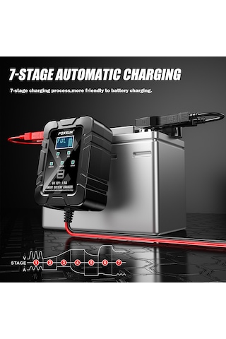 Ranyeek Foxsur Akıllı Akü Şarj Cihazı 6v/12v 4-30ah Otomobil Motosiklet Lcd Ekranlı Tam Otomatik Bakım Sistemi Siyah Eu Standartlı