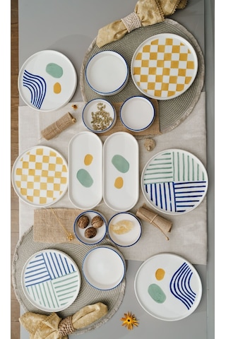 Kevin Seramik Modern Hand Made 14 Parça 6 Kişilik Lüxs Kahvaltılık Sunum Tabağı Seti Mavi - Sarı - Yeşil