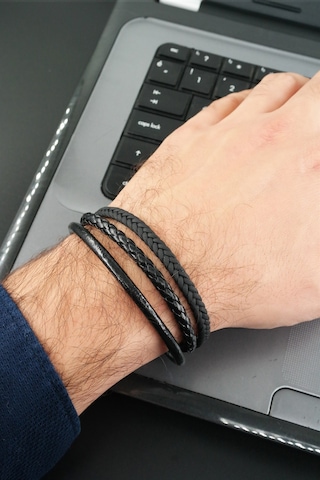 Erkek Hakiki Örme Deri Kombin 3'lü Bileklik Manyetik Klipsli-3457 Siyah
