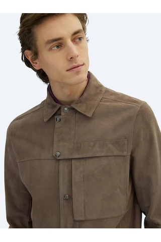 Vizon Regular Fit Gömlek Yaka Smart Casual Deri Mont Vizon