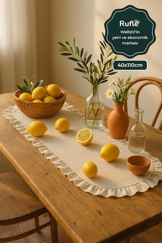 Eko Fırfırlı Keten Runner 40 X 110 Cm Bej
