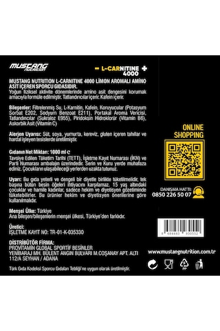 Mustang Nutrition L-carnitine 4000 Mg 1000 Ml 2 Li Avantaj Paketi 33 Servis Limon + 2 X L-karnitin Shot Hediyeli