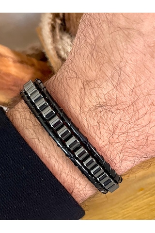 %100 Deri&hematit Kombinli Erkek Bileklik Boyut Net 21cm Füme