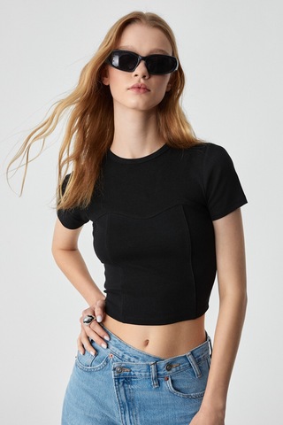 CERAEN  Kadın Slim Kısa Kol Bisiklet Yaka Siyah T-Shirt