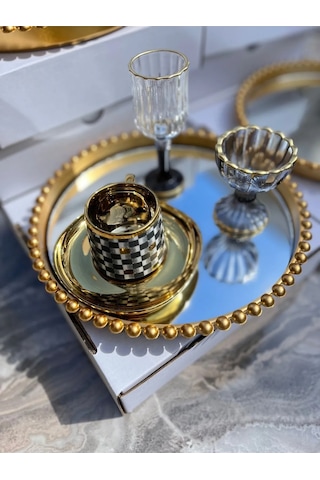 1 Adet Yuvarlak Cam Aynalı Plastik Gold Tepsi Sunum Tepsisi 24cm