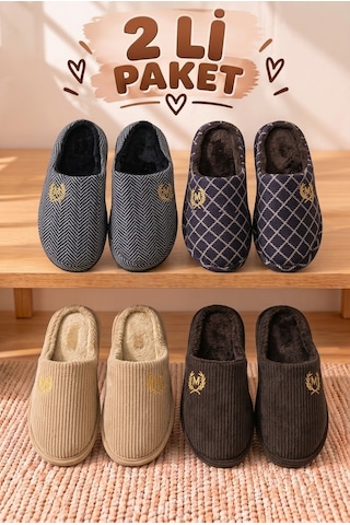 Stwenn 2'li Karma Erkek Kadın Avantajlı Paket Peluş Ev Terliği Kapalı Burun Arkası Açık Sıcak Rahat Panduf 2 Li Kadife