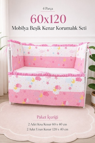 60x120 Mobilya Beşik Kenar Koruma Seti - 4 Parça Rüya Serisi Pembe Fırfırlı