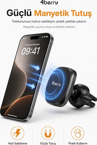 Magsafe Uyumlu Manyetik Araç Telefon Tutucu Havalandırma Izgarası, 360 Döner Başlık