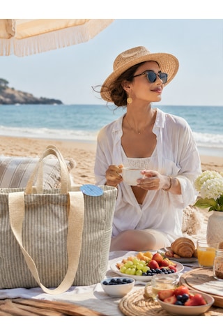 Faralya Life Çıtçıtlı Çift Saplı Kısa Ve Uzun Sap Yeşil Çizgili %70 Pamuk %30 Polyester Çift Cepli 50 42 Ölçüde Omuz Çantası Çok Amaçlı Kadın Çanta Plaj Çantası Açık Yeşil