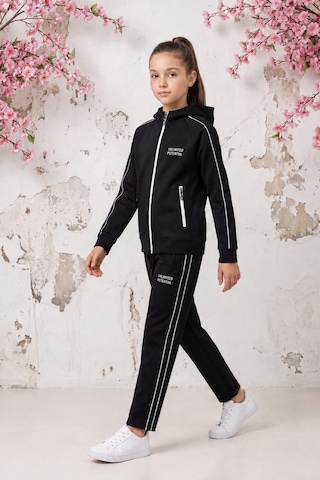 Pina Kids Kız Çocuk Unlimited Şeritli Kapüşonlu Düz Paça Reglan Kol Dalgıç Kumaş Eşofman Takımı Esf7013 siyah