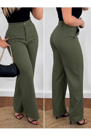 DefyModa Kadın Yüksek Bel Kemersiz Atlas Pantolon Haki