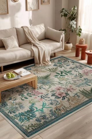 Garden 813 Bej Botanik Çiçekli Halı Yıkanabilir İnce Dokuma Taban Salon Oturma Odası Halısı Yeşil Bej D
