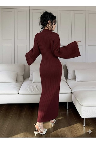 Sayzen Your Shine Gömlek Yaka Düğmeli Saç Örgülü Triko Elbise Sy-2515 Bordo